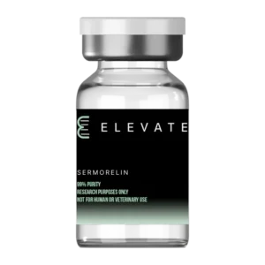 Sermorelin research peptide vial by Elevate Research, ≥99% purity, lab-grade compound for endocrine and growth-hormone pathway research use only